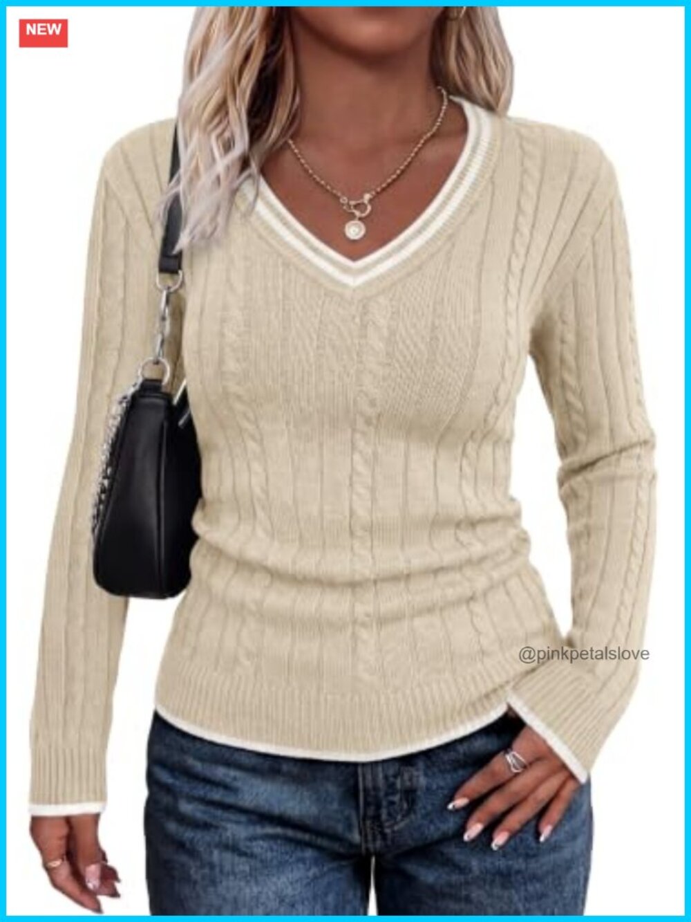 Sweater Women Slim Fit Cable Knit V Neck Color Block Long Sleeve Pullover